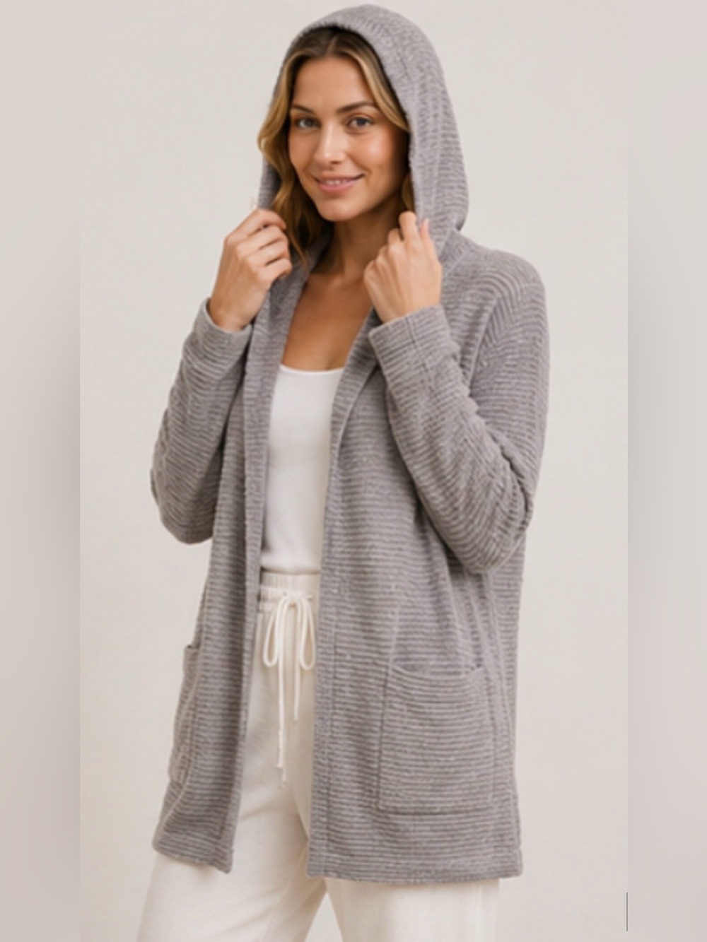 BAREFOOT DREAMS COZYCHIC ULTRA LITE DOVE GRAY HORIZONTAL RIB HOODED CARDIGAN XL